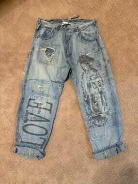 Magnolia Pearl Light Blue Distressed Relaxed Jeans with Graphic "LOVE"